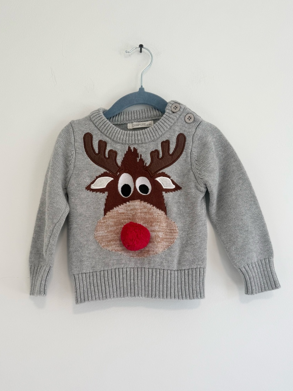 Campure Gray Reindeer Sweater with Pom-Pom Nose 12 -18 months